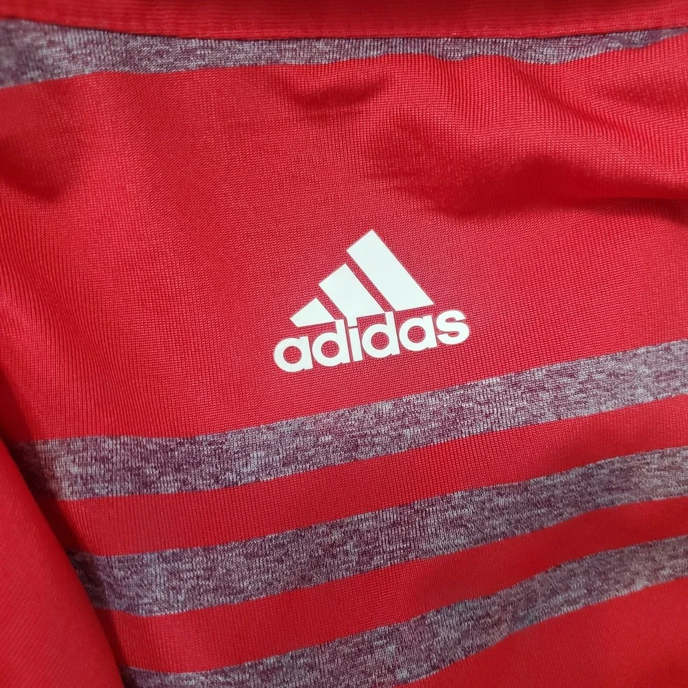 Adidas Men's 2XL Red Polo Shirt Striped‎ 1/4 Button Polyester Golf Logo